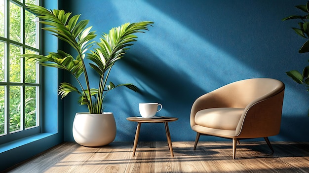 A cozy living room corner with a comfy armchair a side table a cup of coffee and a large potted plant all bathed in sunlight streaming through a window