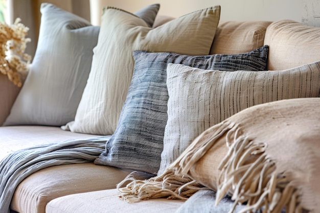 Cozy living room corner with a variety of textured cushions and a throw blanket on a couch