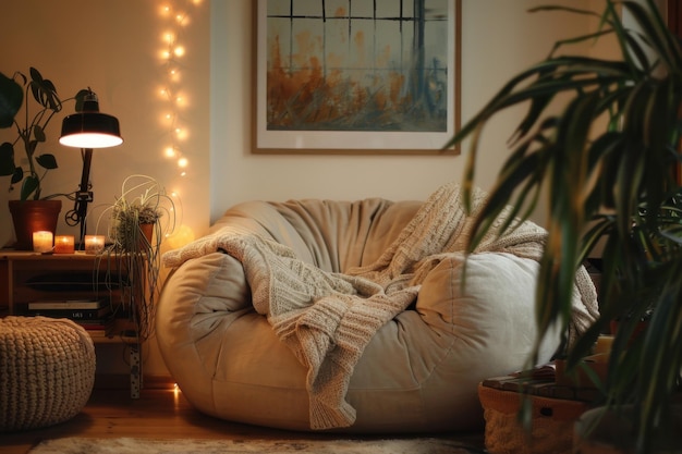 Photo a cozy living room featuring a comfortable bean bag chair and a lamp shade