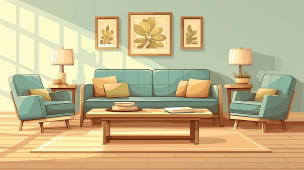 Cozy living room featuring a stylish couch armchairs and decorative artwork complemented