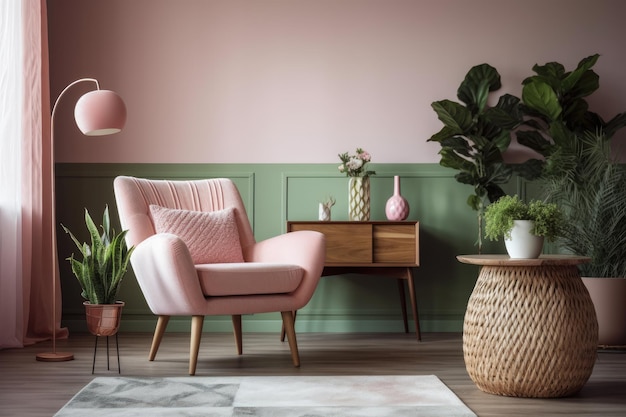 Cozy living room featuring a stylish pink chair and green potted plants Generative AI