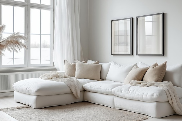 A cozy living room featuring a white sectional sofa neutral decor and large windows