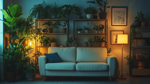 Photo cozy living room filled with plants and warm lighting creates a serene atmosphere at night