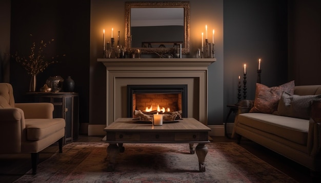 Cozy living room illuminated by burning candles generated by AI