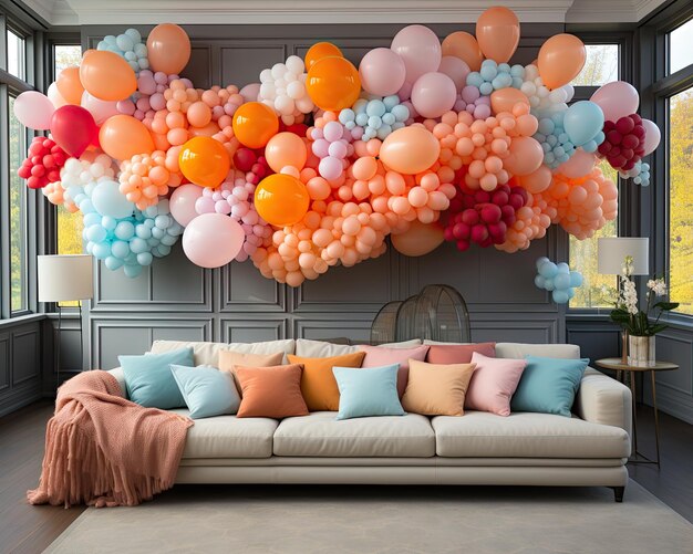 Cozy living room interior decorated with colorful balloons