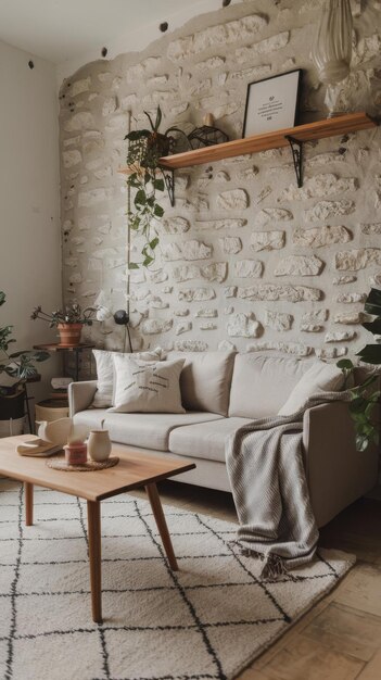 Photo cozy living room interior design with stone wall comfy sofa chr nordic living room