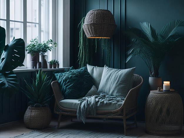 Cozy living room interior with armchair pillows and plants