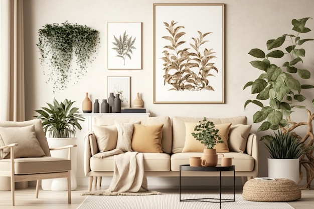 Cozy living room interior with beige sofa plants and elegant decor on beige wall Includes coffee table boucle rug mockup poster frame side table and plant Generative AI