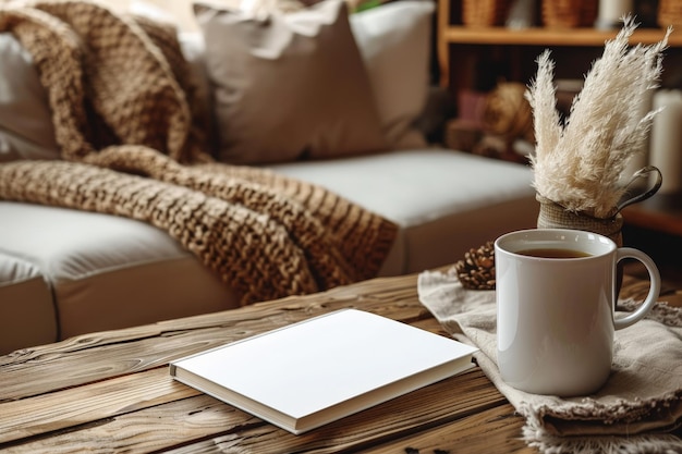 Cozy living room interior with a cup of tea a book and a throw blanket on a sofa