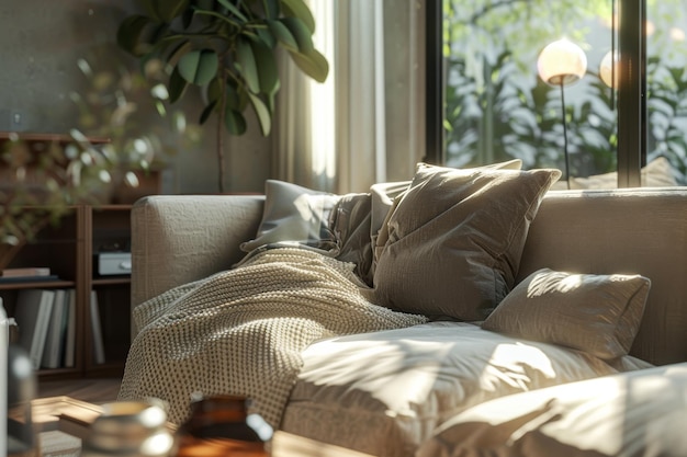 Photo cozy living room interior with soft cushions blankets and ambient lighting for relaxation