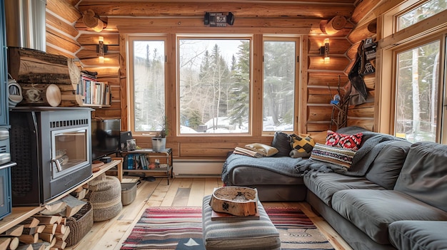 A cozy living room in a log cabin featuring a large grey sofa with pillows a woodburning stove and a large window overlooking a snowy forest