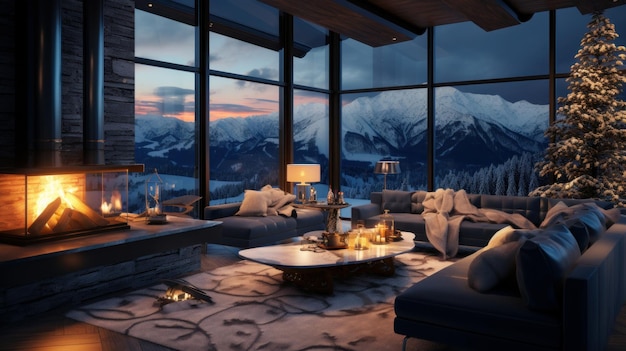 Cozy living room in modern minimalist chalet with Christmas decor Blazing fireplace burning candles elegant Christmas tree comfortable cushioned furniture panoramic window with mountains view