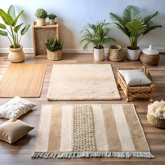 Photo a cozy living room scene featuring three different rugs in beige and brown tones creating a relaxed and inviting atmosphere