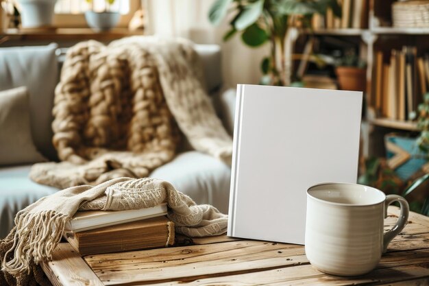 A cozy living room scene with a white book a mug of coffee and a knitted blanket on