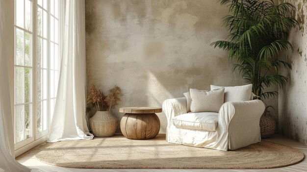 Cozy living room setting with a timeless white armchair and warm wooden elements for a rustic charm