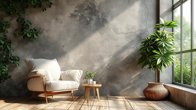 Cozy living room setting with a timeless white armchair and warm wooden elements for a rustic charm