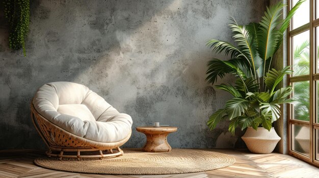 Cozy living room setting with a timeless white armchair and warm wooden elements for a rustic charm