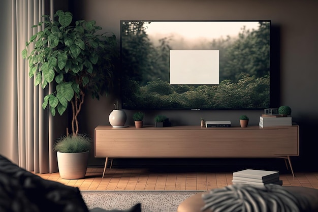 Cozy living room shot of tv with horizontal screen mockup