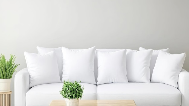 Photo the cozy living room showcases a white sofa adorned with textured cushions and a knitted throw complemented by a wooden coffee table topped with a potted plant