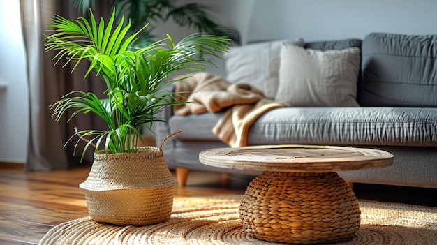 Cozy Living Room Vignette Wooden Coffee Table with Houseplant Background