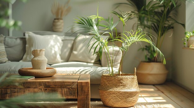 Cozy Living Room Vignette Wooden Coffee Table with Houseplant Background