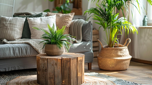 Cozy Living Room Vignette Wooden Coffee Table with Houseplant Background