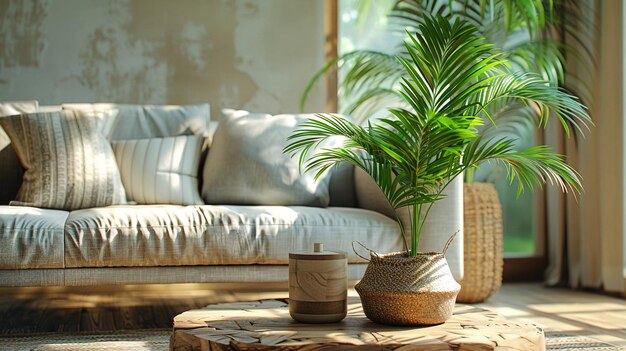 Cozy Living Room Vignette Wooden Coffee Table with Houseplant Background