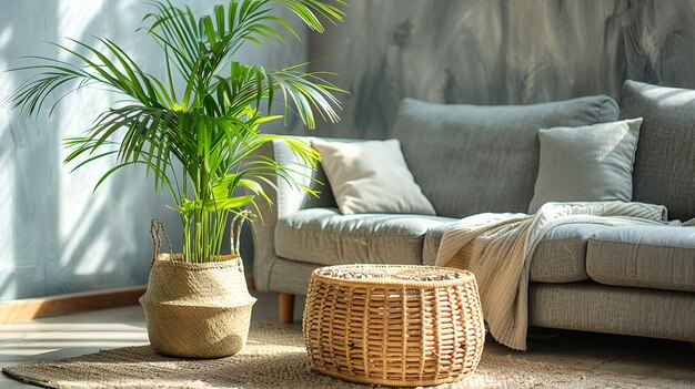 Cozy Living Room Vignette Wooden Coffee Table with Houseplant Background