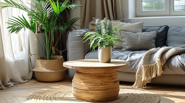 Cozy Living Room Vignette Wooden Coffee Table with Houseplant Background