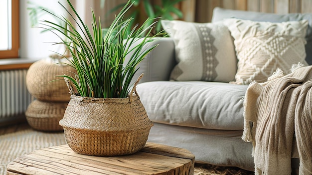 Cozy Living Room Vignette Wooden Coffee Table with Houseplant Background