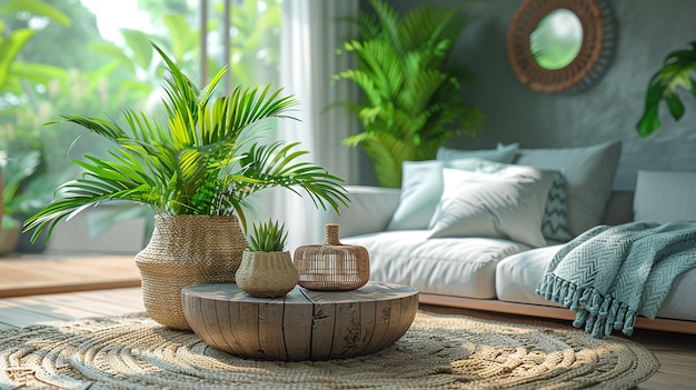 Cozy Living Room Vignette Wooden Coffee Table with Houseplant Background