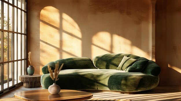 Photo cozy living room warm sunlight modern interior green velvet sofa soft shadows minimalistic desi