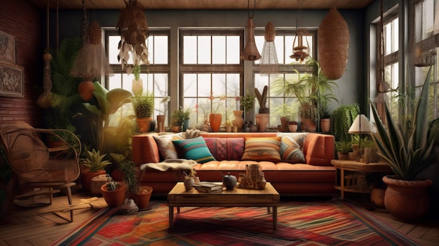 A cozy living room with an abundance of greenery and natural elements Generative ai