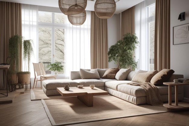 Cozy living room with ample natural light from a large window Generative AI