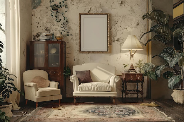 Cozy living room with antique cabinet beige sofa lamp plant and rug