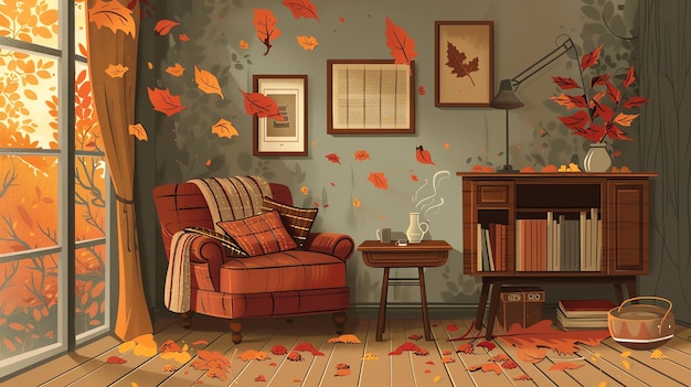 A cozy living room with an armchair side table and a bookshelf Fall leaves are scattered across the floor and outside the window