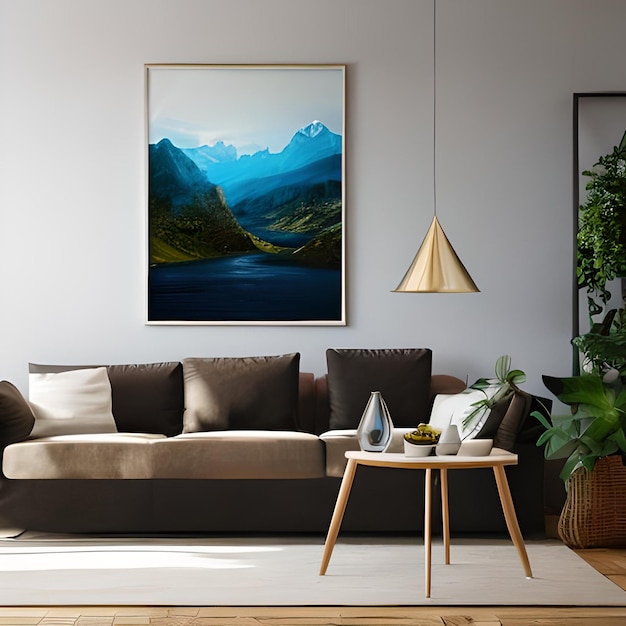 Cozy living room with a beautiful painting hanging on one of its walls