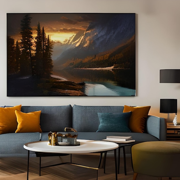 Cozy living room with a beautiful painting hanging on one of its walls