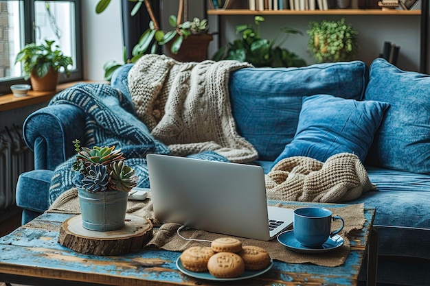 Cozy living room with blue sofa laptop cookies and coffee Indoor plants add freshness Perfect for wo