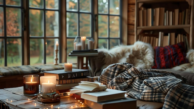 Photo cozy living room with candles books and a plaid blanket