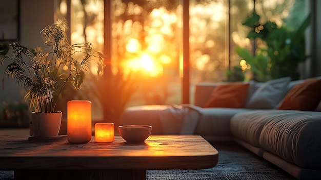 Cozy living room with candles on coffee table a sunset view through the window and a couch