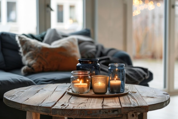 Cozy living room with candles and rustic table