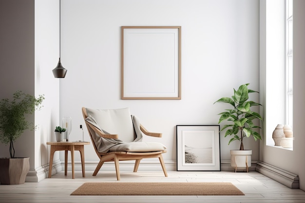 Cozy living room with a comfortable armchair and a decorative picture frame Generative AI