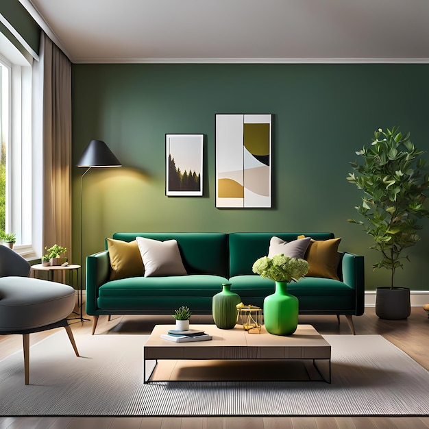 Cozy Living Room With Couch Table and Green Vase