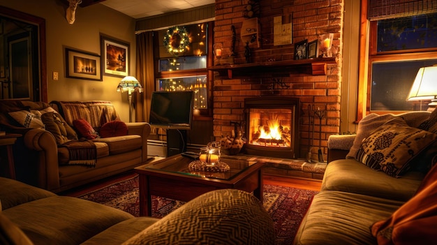 A cozy living room with a crackling fireplace inviting relaxation and comfort