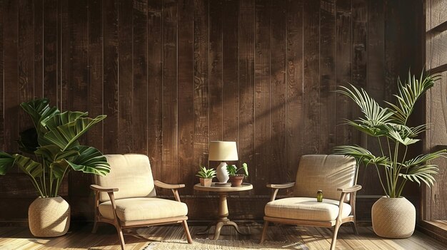 Photo cozy living room with creamy brown armchairs and dark wooden wall