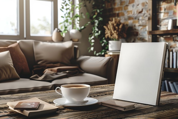 Cozy living room with a cup of tea and a blank canvas on a wooden table