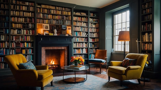 Cozy living room with fireplace armchairs and bookshelves