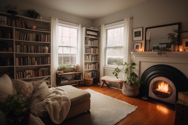 Cozy living room with fireplace bookshelf and throw blanket