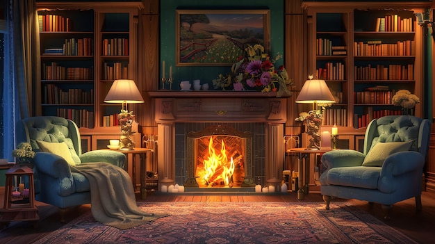 A cozy living room with a fireplace bookshelves and armchairs